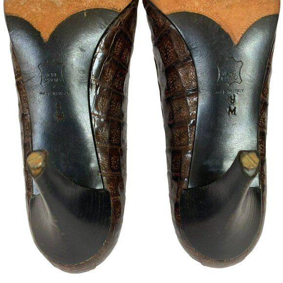 Vintage YSL Yves Saint Laurent Shoes Heels Crocodile Leather Brown Size 9 Italy - Picture 8 of 10